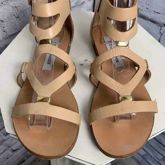 Steve Madden Comma Strappy Flat Tan Leather Sandals - Picture 4 of 9